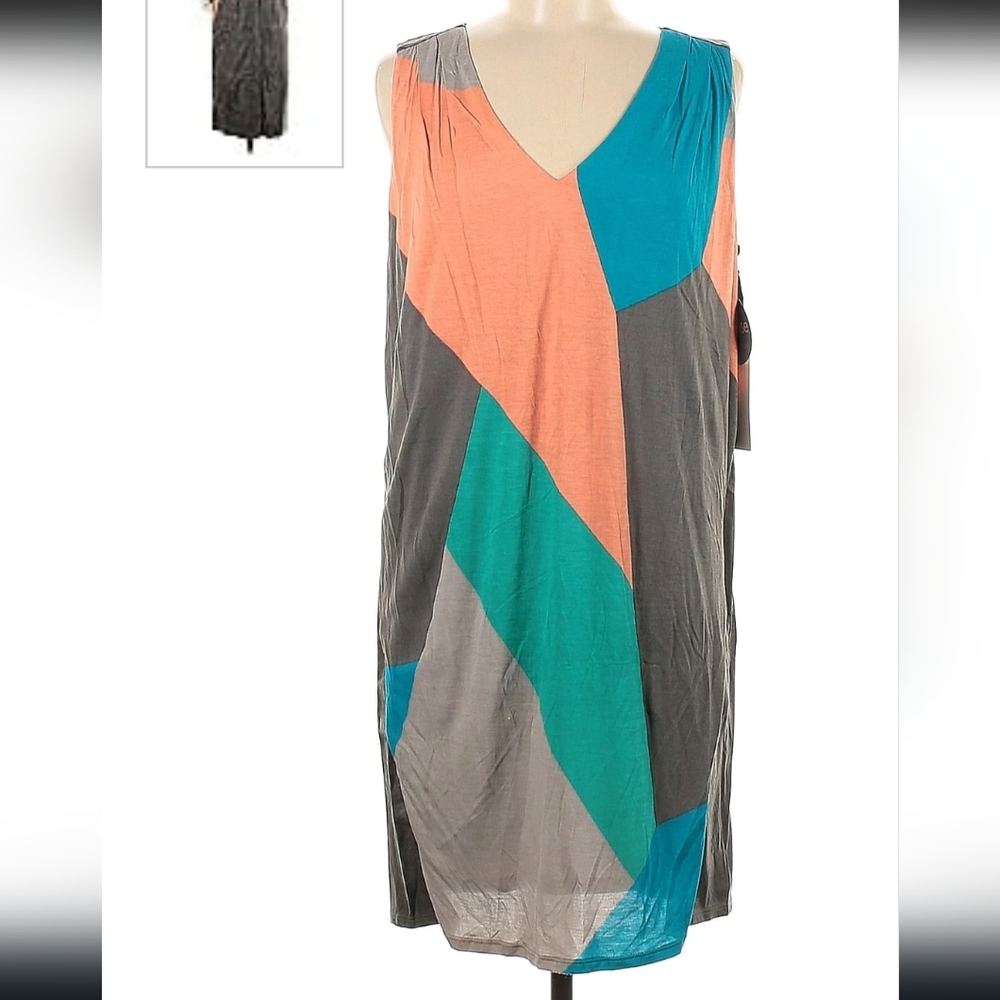 NWT Doo.Ri Blue Gray Orange Volorblock Leatherette Shift Dress Women’s Med